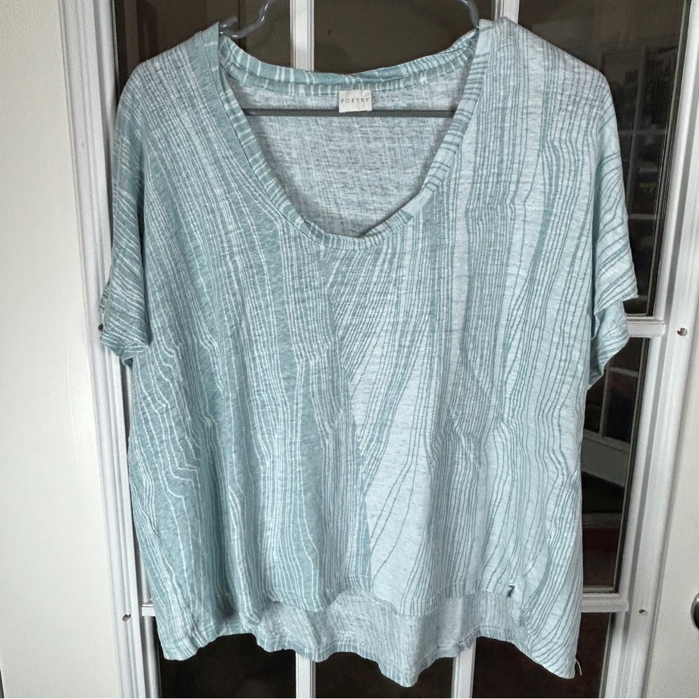 Poetry Green and White Linen Women's‎ Blouse Size 16